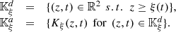 $$ \begin{array}{lll}{\mathbb{K}}_{\xi }^d& =& \{(z,t)\in {\mathbb{R}}^2\enspace s.t.\hspace{0.5em}z\ge \xi (t)\},\\ {\mathbb{K}}_{\xi }^a& =& \{{K}_{\xi }(z,t)\enspace \mathrm{for}\enspace (z,t)\in {\mathbb{K}}_{\xi }^d\}.\end{array} $$