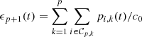 $$ {\epsilon }_{p+1}(t)=\sum_{k=1}^p \sum_{i\in {\mathcal{C}}_{p,k}} {p}_{i,k}(t)/{c}_0 $$