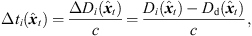$$ \Delta {t}_i({\widehat{{x}}}_t)=\frac{\Delta {D}_i({\widehat{{x}}}_t)}{c}=\frac{{D}_i({\widehat{{x}}}_t)-{D}_{\mathrm{d}}({\widehat{{x}}}_t)}{c}, $$