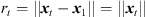 $ {r}_t=||{{x}}_t-{{x}}_1||=||{{x}}_t||$