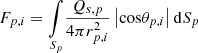 $ {F}_{p,i}=\underset{{S}_p}{\int }\frac{{Q}_{s,p}}{4\pi {r}_{p,i}^2}\left|\mathrm{cos}{\theta }_{p,i}\right|\mathrm{d}{S}_p$