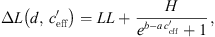 $$ \Delta L\left(d,\enspace {c}_{\mathrm{eff}}^\mathrm{\prime}\right)={LL}+\enspace \frac{H}{{e}^{b-a\enspace {c}_{\mathrm{eff}}^\mathrm{\prime}}+1}, $$