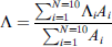 $$ \mathrm{\Lambda }=\frac{{\sum }_{i=1}^{N=10}{{\mathrm{\Lambda }}_iA}_i}{{\sum }_{i=1}^{N=10}{A}_i} $$