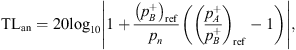 $$ \mathrm{T}{\mathrm{L}}_{\mathrm{an}}=20{\mathrm{log}}_{10}\left|1+\frac{{\left({p}_B^{+}\right)}_{\mathrm{ref}}}{{p}_n}\left({\left(\frac{{p}_A^{+}}{{p}_B^{+}}\right)}_{\mathrm{ref}}-1\right)\right|, $$