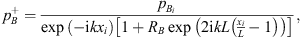 $$ {p}_B^{+}=\frac{{p}_{{B}_i}}{\mathrm{exp}\left(-\mathrm{i}k{x}_i\right)\left[1+{R}_B\mathrm{exp}\left(2\mathrm{i}{kL}\left(\frac{{x}_i}{L}-1\right)\right)\right]}, $$