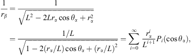 $$ \frac{1}{{r}_{\beta }}=\frac{1}{\sqrt{{L}^2-2L{r}_{\alpha }\mathrm{cos}{\theta }_{\alpha }+{r}_{\alpha }^2}}=\frac{1/L}{\sqrt{1-2\left({r}_{\alpha }/L\right)\mathrm{cos}{\theta }_{\alpha }+{\left({r}_{\alpha }/L\right)}^2}}=\sum_{i=0}^{\mathrm{\infty }} \frac{{r}_{\alpha }^i}{{L}^{i+1}}{P}_i\left(\mathrm{cos}{\theta }_{\alpha }\right), $$