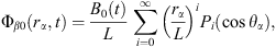 $$ {\mathrm{\Phi }}_{\beta 0}\left({r}_{\alpha },t\right)=\frac{{B}_0(t)}{L}\sum_{i=0}^{\mathrm{\infty }} {\left(\frac{{r}_{\alpha }}{L}\right)}^i{P}_i\left(\mathrm{cos}{\theta }_{\alpha }\right), $$