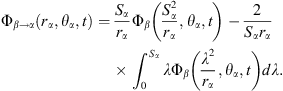 $$ {\mathrm{\Phi }}_{\beta \to \alpha }\left({r}_{\alpha },{\theta }_{\alpha },t\right)=\frac{{S}_{\alpha }}{{r}_{\alpha }}{\mathrm{\Phi }}_{\beta }\left(\frac{{S}_{\alpha }^2}{{r}_{\alpha }},{\theta }_{\alpha },t\right)-\frac{2}{{S}_{\alpha }{r}_{\alpha }}{\int }_0^{{S}_{\alpha }} \lambda {\mathrm{\Phi }}_{\beta }\left(\frac{{\lambda }^2}{{r}_{\alpha }},{\theta }_{\alpha },t\right){d\lambda }. $$