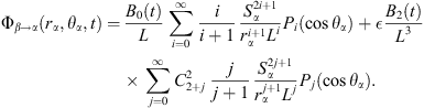 $$ {\mathrm{\Phi }}_{\beta \to \alpha }({r}_{\alpha },{\theta }_{\alpha },t)=\frac{{B}_0(t)}{L}\sum_{i=0}^{\mathrm{\infty }} \frac{i}{i+1}\frac{{S}_{\alpha }^{2i+1}}{{r}_{\alpha }^{i+1}{L}^i}{P}_i\left(\mathrm{cos}{\theta }_{\alpha }\right)+\epsilon \frac{{B}_2(t)}{{L}^3}\sum_{j=0}^{\mathrm{\infty }} {C}_{2+j}^2\enspace \frac{j}{j+1}\frac{{S}_{\alpha }^{2j+1}}{{r}_{\alpha }^{j+1}{L}^j}{P}_j\left(\mathrm{cos}{\theta }_{\alpha }\right). $$