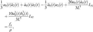 $$ \frac{1}{3}{a}_0(t){\ddot{a}}_2(t)+{\dot{a}}_0(t){\dot{a}}_2(t)-\frac{1}{3}{\ddot{a}}_0(t){a}_2(t)+\frac{20{a}_0(t){\dot{a}}_0(t)}{3{L}^5}{I}_{b1}+\frac{10{a}_0^2(t){b}_0^2(t)}{3{L}^5}{I}_{b2}=\frac{{f}_{\mathrm{e}}}{\rho }, $$
