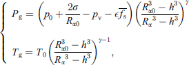 $$ \left\{\begin{array}{c}\begin{array}{c}{P}_{\mathrm{g}}=\left({p}_0+\frac{2\sigma }{{R}_{\alpha 0}}-{p}_{\mathrm{v}}-\epsilon \overline{{f}_{\mathrm{s}}}\right){\left(\frac{{R}_{\alpha 0}^3-{h}^3}{{{R}_{\alpha }}^3-{h}^3}\right)}^{\gamma }\\ \begin{array}{ll}& \\ {T}_{\mathrm{g}}& ={T}_0{\left(\frac{{R}_{\alpha 0}^3-{h}^3}{{{R}_{\alpha }}^3-{h}^3}\right)}^{\gamma -1},\end{array}\end{array}\end{array}\right. $$