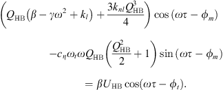 $$ \left({Q}_{\mathrm{HB}}\left(\beta -\gamma {\omega }^2+{k}_l\right)+\frac{3{k}_{{nl}}{Q}_{\mathrm{HB}}^3}{4}\right)\mathrm{cos}\left({\omega \tau }-{\phi }_m\right)-{c}_{\eta }{\omega }_t\omega {Q}_{\mathrm{HB}}\left(\frac{{Q}_{\mathrm{HB}}^2}{2}+1\right)\mathrm{sin}\left({\omega \tau }-{\phi }_m\right)=\beta {U}_{\mathrm{HB}}\mathrm{cos}({\omega \tau }-{\phi }_t). $$