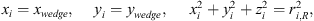 $$ {x}_i={x}_{{wedge}},\enspace \hspace{1em}{y}_i={y}_{{wedge}},\enspace \hspace{1em}{\enspace x}_i^2+{y}_i^2+{z}_i^2={r}_{i,R}^2, $$