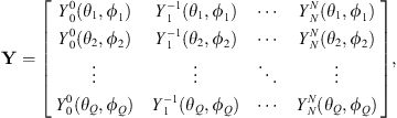 $$ \mathbf{Y}=\left[\begin{array}{llll}{Y}_0^0({\theta }_1,{\phi }_1)& {Y}_1^{-1}({\theta }_1,{\phi }_1)& \cdots & {Y}_N^N({\theta }_1,{\phi }_1)\\ {Y}_0^0({\theta }_2,{\phi }_2)& {Y}_1^{-1}({\theta }_2,{\phi }_2)& \cdots & {Y}_N^N({\theta }_2,{\phi }_2)\\ \vdots & \vdots & \ddots & \vdots \\ {Y}_0^0({\theta }_Q,{\phi }_Q)& {Y}_1^{-1}({\theta }_Q,{\phi }_Q)& \cdots & {Y}_N^N({\theta }_Q,{\phi }_Q)\end{array}\right], $$