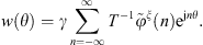 $$ w(\theta )=\gamma \sum_{n=-\infty }^{\infty } {T}^{-1}{\stackrel{\tilde }{\phi }}^{\xi }(n){\mathrm{e}}^{\mathrm{j}n\theta }. $$