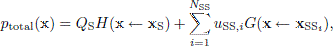 $$ \begin{aligned} p_{\rm total}(\mathbf{x}) = Q_{\rm S}H(\mathbf{x} \leftarrow \mathbf{x}_{\rm S}) + \sum _{i=1}^{N_{\rm SS}}u_{\mathrm{SS},i} G(\mathbf{x} \leftarrow \mathbf{x}_{\mathrm{SS}_i}), \end{aligned} $$