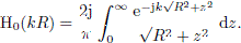 $$ \begin{aligned} \mathrm{H}_0(kR) = \frac{2 \mathrm{j}}{\pi } \int _{0}^\infty \frac{\mathrm{e}^{-\mathrm{j}k \sqrt{R^2 + z^2}}}{\sqrt{R^2 + z^2}}\,\mathrm{d}z. \end{aligned} $$