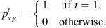 $$ {p}_{x,y}^t=\left\{\begin{array}{ll}1& \mathrm{if}\enspace t=1,\\ 0& \mathrm{otherwise}.\end{array}\right. $$