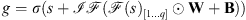 $$ g=\sigma (s+\mathcal{IF}(\mathcal{F}(s{)}_{[1...q]}\odot \mathbf{W}+\mathbf{B})) $$