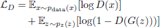 $$ \begin{aligned} {\mathcal{L} }_{D}&={\mathbb{E} }_{x\sim p_{\rm data}(x)}[\log D(x)]\nonumber \\&\quad +{\mathbb{E} }_{z\sim p_{z}(z)}[\log (1-D(G(z)))] \end{aligned} $$