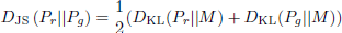 $$ \begin{aligned} D_{\rm JS}\left(P_{r}\vert \vert P_{g}\right) = \frac{1}{2}(D_{\rm KL}(P_{r}\vert \vert M)+D_{\rm KL}(P_{g}\vert \vert M)) \end{aligned} $$