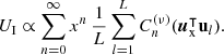 $ $U_{\textrm {I}}\propto \sum _{n=0}^\infty x^n\,\frac {1}{L}\sum _{l=1}^L C_n^{(\nu )}(\boldsymbol u_{\textrm {x}}^\intercal {{\textbf{u}}}_l).$ $
