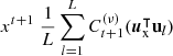 $x^{t+1}\;\frac {1}{L}\sum _{l=1}^LC_{t+1}^{(\nu )}(\boldsymbol u_{\textrm {x}}^\intercal {{\textbf{u}}}_l)$