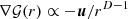 $\nabla {\cal {{G}}}(r)\propto - {\boldsymbol u}/{r^{D-1}} $