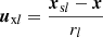 $\boldsymbol u_{{\textrm {x}}l}=\frac {\boldsymbol x_{{\textrm {s}}l}-\boldsymbol x}{r_{l}}$