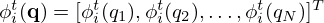 $ \phi _i^t({{\mathbf {q}}})=[\phi _i^t(q_1), \phi _i^t(q_2), \ldots , \phi _i^t(q_N)]^T $