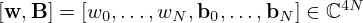 $ [{{\mathbf {w}}}, {{\mathbf {B}}}]=[w_0,\ldots ,w_N, {{\mathbf {b}}}_0,\ldots ,{{\mathbf {b}}}_N]\in {\mathbb {C}}^{4N} $