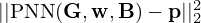 $ ||\mathrm {PNN}({{\mathbf {G}}}, {{\mathbf {w}}}, {{\mathbf {B}}}) - {{\mathbf {p}}}||_2^2 $