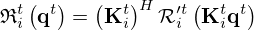 $$ {\frak {R}}_i^t\left ({{\mathbf {q}}}^t\right ) = \left ({{\mathbf {K}}}_i^t\right )^H{{\cal {{R}}}'^{t}_i}\left ({{\mathbf {K}}}^t_i{{\mathbf {q}}}^t\right ) $$