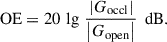 Mathematical equation: $$ \begin{aligned} \text{ OE} = 20\,\lg \,\frac{\left| G_{\mathrm{occl}} \right| }{\left| G_{\mathrm{open}}\right| }\,\text{ dB}. \end{aligned} $$