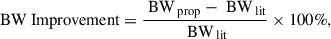 Mathematical equation: $$ \begin{aligned} \text{ BW} \text{ Improvement} = \frac{\text{ BW}_{\text{ prop}} - \text{ BW}_{\text{ lit}}}{\text{ BW}_{\text{ lit}}} \times 100\%, \end{aligned} $$