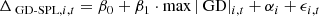 $$ \begin{aligned} \mathrm{\Delta }_{\text{ GD-SPL}, i,t} = \beta _0 + \beta _1 \cdot \max |\text{ GD}|_{i,t} + \alpha _i + \epsilon _{i,t} \end{aligned} $$