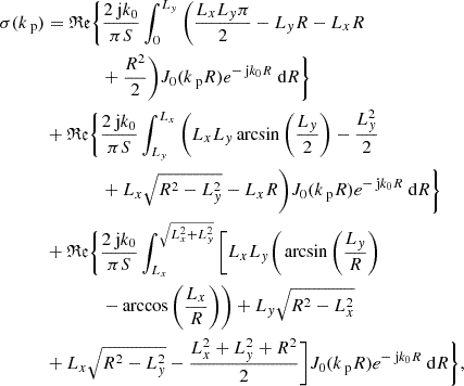 Mathematical equation: $$ \begin{aligned} \sigma (k_\text{ p})&= \mathfrak{Re} \Bigg \{ \dfrac{2\text{ j}k_0}{\pi S}\int _{0}^{L_y} \Bigg ( \dfrac{L_xL_y\pi }{2}-L_yR-L_xR \nonumber \\&\quad \quad \quad \quad + \dfrac{R^2}{2} \Bigg )J_0(k_\text{ p}R)e^{-\text{ j}k_0R}\text{ d}R\Bigg \} \nonumber \\&+ \mathfrak{Re} \Bigg \{ \dfrac{2\text{ j}k_0}{\pi S} \int _{L_y}^{L_x} \Bigg ( L_xL_y\arcsin {\Bigg ( \dfrac{L_y}{2} \Bigg )} -\dfrac{L_y^2}{2} \nonumber \\&\quad \quad \quad \quad + L_x\sqrt{R^2-L_y^2}-L_xR \Bigg )J_0(k_\text{ p}R)e^{-\text{ j}k_0R}\text{ d}R \Bigg \} \nonumber \\&+ \mathfrak{Re} \Bigg \{ \dfrac{2\text{ j}k_0}{\pi S} \int _{L_x}^{\sqrt{L_x^2+L_y^2}} \Bigg [ L_xL_y \Bigg ( \arcsin {\Bigg (\dfrac{L_y}{R}\Bigg )} \nonumber \\&\quad \quad \quad \quad -\arccos {\Bigg (\dfrac{L_x}{R}\Bigg )} \Bigg ) + L_y\sqrt{R^2-L_x^2} \nonumber \\&+ L_x\sqrt{R^2-L_y^2}-\dfrac{L_x^2+L_y^2+R^2}{2} \Bigg ] J_0(k_\text{ p}R)e^{-\text{ j}k_0R}\text{ d}R \Bigg \}, \end{aligned} $$