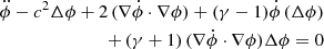 Mathematical equation: $$ \begin{aligned} \ddot{\phi }-c^{2} \mathrm \Delta \phi +2\, (\nabla \dot{\phi }\cdot \nabla \phi )+(\gamma -1)\dot{\phi }\, (\mathrm \Delta \phi ) \nonumber \\ \qquad \qquad +\left(\gamma +1 \right)(\nabla \dot{\phi }\cdot \nabla \phi ) \mathrm \Delta \phi =0 \end{aligned} $$