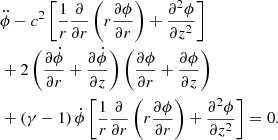 Mathematical equation: $$ \begin{aligned}&\ddot{\phi }-c^{2} \left[\frac{1}{r} \frac{\partial }{\partial r} \left(r\frac{\partial \phi }{\partial r} \right)+\frac{\partial ^{2} \phi }{\partial z^{2} } \right] \nonumber \\&+2\left(\frac{\partial \dot{\phi }}{\partial r} +\frac{\partial \dot{\phi }}{\partial z} \right)\left(\frac{\partial \phi }{\partial r} +\frac{\partial \phi }{\partial z} \right) \nonumber \\&+ (\gamma -1)\, \dot{\phi }\left[\frac{1}{r} \frac{\partial }{\partial r} \left(r\frac{\partial \phi }{\partial r} \right)+\frac{\partial ^{2} \phi }{\partial z^{2} } \right]=0. \end{aligned} $$