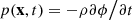 Mathematical equation: $ p(\boldsymbol{\mathrm{x}},t)=-\rho {\partial \phi \mathord{\left/ {\vphantom {\partial \phi \partial t}} \right. \kern-\nulldelimiterspace} \partial t} $