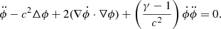 Mathematical equation: $$ \begin{aligned} \ddot{\phi }-c^{2} \mathrm \Delta \phi +2(\nabla \dot{\phi }\cdot \nabla \phi )+\left(\frac{\gamma -1}{c^{2}} \right)\dot{\phi }\ddot{\phi }=0. \end{aligned} $$