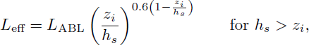 Mathematical equation: $$ \begin{aligned} L_{\text{ eff}} = L_{\text{ ABL}} \left(\dfrac{z_i}{h_s}\right)^{0.6\left(1-\frac{z_i}{h_s}\right)} \qquad \text{ for} h_s>z_i, \end{aligned} $$