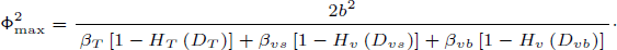 Mathematical equation: $$ \begin{aligned} \mathrm {{\Phi }} _{\max }{^2}=\frac{2 b{^2}}{\begin{array}{c}\beta _T\left[1-H_T\left(D_T\right)\right]+\beta _{vs}\left[1-H_v\left(D_{vs}\right)\right] +\beta _{vb}\left[1-H_v\left(D_{vb}\right)\right]\end{array}}\cdot \end{aligned} $$