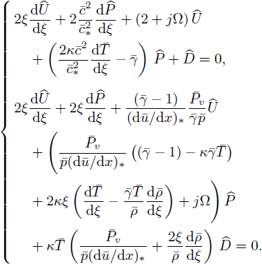 Mathematical equation: $$ \begin{aligned} \left\{ \begin{aligned}&2\xi \dfrac{\mathrm{d} \widehat{U}}{\mathrm{d} \xi }+2\dfrac{\bar{c}^2}{\bar{c}^2_*}\dfrac{\mathrm{d} \widehat{P}}{\mathrm{d} \xi }+(2+j\mathrm{\Omega })\,\widehat{U} \\&\quad +\left(\dfrac{2\kappa \bar{c}^2}{\bar{c}_*^2}\dfrac{\mathrm{d} \bar{T}}{\mathrm{d} \xi }-\bar{\gamma }\right)\,\widehat{P} + \widehat{D}=0,\\&2\xi \dfrac{\mathrm{d} \widehat{U}}{\mathrm{d} \xi }+2\xi \dfrac{\mathrm{d} \widehat{P}}{\mathrm{d} \xi } + \dfrac{(\bar{\gamma }-1)}{(\mathrm{d} \bar{u}/\mathrm{d} x)_*}\dfrac{\bar{P}_v}{\bar{\gamma }\bar{p}}\widehat{U}\\&\quad + \Bigg (\dfrac{\bar{P}_v}{\bar{p}(\mathrm{d} \bar{u}/\mathrm{d} x)_*}\left(\left(\bar{\gamma }-1\right)-\kappa \bar{\gamma }\bar{T}\right)\\&\quad +2\kappa \xi \left(\dfrac{\mathrm{d} \bar{T}}{\mathrm{d} \xi }-\dfrac{\bar{\gamma }\bar{T}}{\bar{\rho }}\dfrac{\mathrm{d} \bar{\rho }}{\mathrm{d} \xi }\right)+j\mathrm{\Omega }\Bigg )\,\widehat{P} \\&\quad +\kappa \bar{T}\left(\dfrac{\bar{P}_v}{\bar{p}(\mathrm{d} \bar{u}/\mathrm{d} x)_*}+\dfrac{2\xi }{\bar{\rho }}\dfrac{\mathrm{d} \bar{\rho }}{\mathrm{d} \xi }\right)\,\widehat{D}=0. \end{aligned} \right. \end{aligned} $$