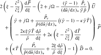 Mathematical equation: $$ \begin{aligned} \begin{aligned}&2\left(\xi -\dfrac{\bar{c}^2}{\bar{c}^2_*}\right)\dfrac{\mathrm{d} \widehat{P}}{\mathrm{d} \xi } - \left( 2+j\mathrm{\Omega } - \dfrac{(\bar{\gamma }-1)}{(\mathrm{d} \bar{u}/\mathrm{d} x)_*}\dfrac{\bar{P}_v}{\bar{\gamma }\bar{p}}\right)\,\widehat{U}\\&\quad + \left(\begin{aligned}&\bar{\gamma }+j\mathrm{\Omega }+ \dfrac{\bar{P}_v}{\bar{p}(\mathrm{d} \bar{u}/\mathrm{d} x)_*}\left((\bar{\gamma }-1)-\kappa \bar{\gamma }\bar{T}\right) \\&-\dfrac{2\kappa \xi \bar{\gamma }\bar{T}}{\bar{\rho }}\dfrac{\mathrm{d} \bar{\rho }}{\mathrm{d} \xi }+2\kappa \left(\xi - \dfrac{\bar{c}^2}{\bar{c}_*^2}\right)\dfrac{\mathrm{d} \bar{T}}{\mathrm{d} \xi } \end{aligned}\right)\,\widehat{P} \\&\quad + \left(\kappa \bar{T}\left(\dfrac{\bar{P}_v}{\bar{p}(\mathrm{d} \bar{u}/\mathrm{d} x)_*}+\dfrac{2\xi }{\bar{\rho }}\dfrac{\mathrm{d} \bar{\rho }}{\mathrm{d} \xi }\right)-1\right)\,\widehat{D} =0. \end{aligned} \end{aligned} $$