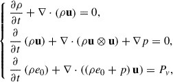 Mathematical equation: $$ \begin{aligned} \left\{ \begin{aligned}&\dfrac{\partial \rho }{\partial t} + \nabla \cdot \left(\rho \mathbf u \right) = 0, \\&\dfrac{\partial }{\partial t}\left(\rho \mathbf u \right) + \nabla \cdot \left(\rho \mathbf u \otimes \mathbf u \right) + \nabla p = 0,\\&\dfrac{\partial }{\partial t}\left(\rho e_0\right) + \nabla \cdot \left(\left(\rho e_0 + p\right) \mathbf u \right) = P_v, \end{aligned} \right. \end{aligned} $$