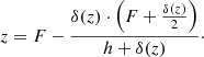 Mathematical equation: $$ \begin{aligned} z = F - \frac{{\delta (z) \cdot \left(F + \frac{{\delta (z)}}{2}\right)}}{{h + \delta (z)}}\cdot \end{aligned} $$