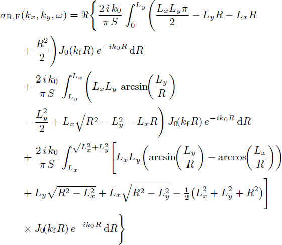 Mathematical equation: $$ \begin{aligned}&\sigma _{\mathrm{R,F} }(k_x, k_y, \omega ) = \mathfrak{R} \Biggl \{ \frac{2 \, {i} \, k_0}{\pi \, S} \int _0^{L_y} \Biggl ( \frac{L_x L_y \pi }{2} - L_y R - L_x R\nonumber \\&\qquad + \frac{R^2}{2} \Biggr ) J_0(k_{\mathrm{f} } R) \, e^{-{i} k_0 R} \,\mathrm{d}R \nonumber \\&\qquad + \frac{2 \, {i} \, k_{0}}{\pi \, S} \int _{L_{y}}^{L_{x}} \Biggl (L_{x}L_{y}\,\arcsin \!{\left(\frac{L_{y}}{R}\right)} \nonumber \\&\qquad - \frac{L_{y}^{2}}{2}+ L_{x}\sqrt{R^{2}-L_{y}^{2}}- L_{x}R \Biggr )\, J_{0}\!{\left(k_{\mathrm{f} } R\right)}\, e^{-{i} k_{0} R}\, \mathrm{d} R\nonumber \\&\qquad + \frac{2 \, {i} \, k_{0}}{\pi \, S}\int _{L_{x}}^{\sqrt{L_{x}^{2}+L_{y}^{2}}}\Biggl [L_{x}L_{y}{\left(\arcsin \!{\left(\frac{L_{y}}{R}\right)} - \arccos \!{\left(\frac{L_{x}}{R}\right)}\right)}\nonumber \\&\qquad + L_{y}\sqrt{R^{2}-L_{x}^{2}} + L_{x}\sqrt{R^{2}-L_{y}^{2}}- \tfrac{1}{2}{\left(L_{x}^{2}+L_{y}^{2}+R^{2}\right)} \Biggr ]\nonumber \\&\qquad \times J_{0}\!{\left(k_{\mathrm{f} } R\right)}\, e^{-{i} k_{0} R}\, \mathrm{d} R \Biggr \} \end{aligned} $$