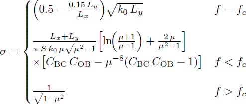 Mathematical equation: $$ \begin{aligned} \sigma = {{\left\{ \begin{array}{ll} {\left( 0.5 - \frac{0.15 \, L_{y}}{L_{x}} \right)} \sqrt{k_{0} \, L_{y}}&f = f_{c} \\ \frac{L_{x} + L_{y}}{\pi \, S \, k_{0} \, \mu \sqrt{\mu ^{2} - 1}} {\left[ \ln \!{\left( \frac{\mu + 1}{\mu - 1} \right)} + \frac{2 \, \mu }{\mu ^{2} - 1} \right]}\\ \times {\left[ C_{\mathrm{BC} } \, C_{\mathrm{OB} } - \mu ^{-8}{\left(C_{\mathrm{BC} } \, C_{\mathrm{OB} } - 1\right)} \right]}&f < f_{c} \\ \frac{1}{\sqrt{1 - \mu ^{2}}}&f > f_{c} \end{array}\right.}} \end{aligned} $$