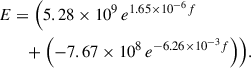 Mathematical equation: $$ \begin{aligned} E&= \Bigl ( 5.28 \times 10^{9} \, e^{1.65 \times 10^{-6} f} \nonumber \\&\quad + {\left(-7.67 \times 10^{8} \, e^{-6.26 \times 10^{-3} f}\right)} \Bigr ). \end{aligned} $$